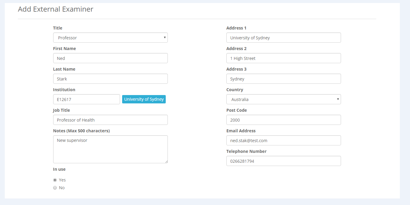 fields for adding examiner