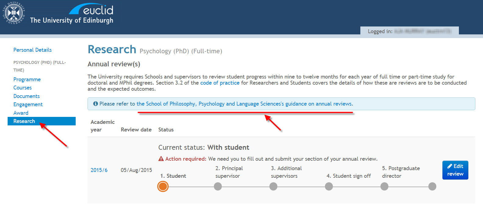 Image showing the student research page within MyEd