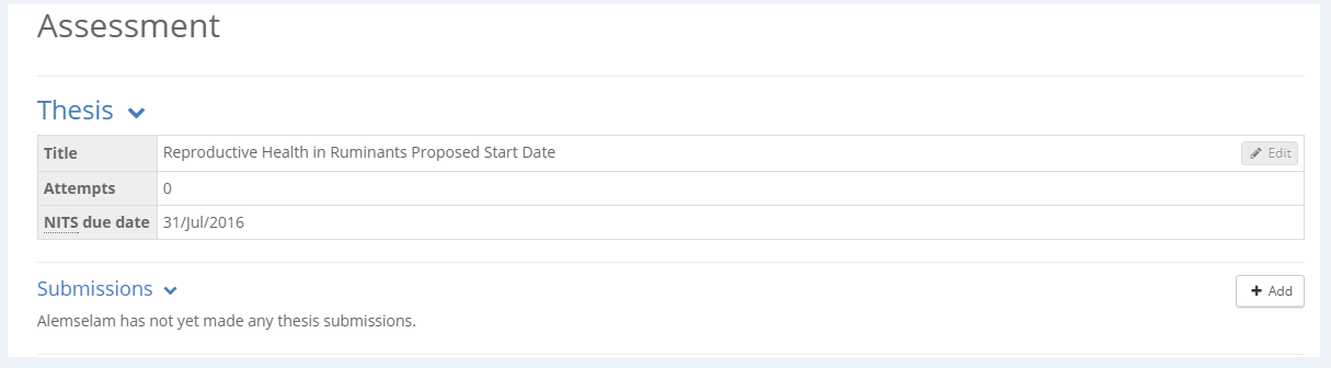Image of thesis section within the student hub assessment tab