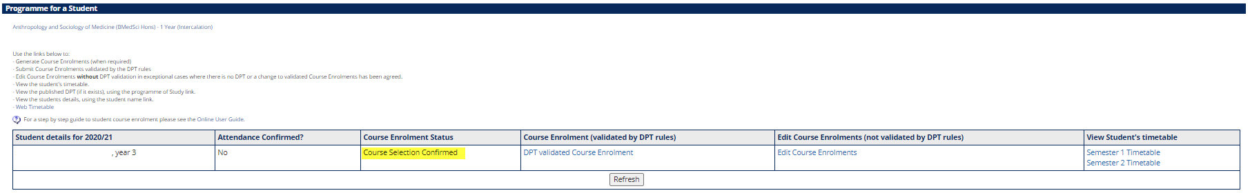 The Programme for a Student screen now shows that the course selection has been confirmed