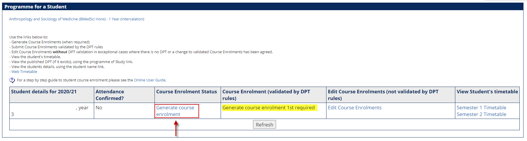 Programme for a Student screen in EUCLID for a student whose course enrolments need to be generated prior to adding elective courses.