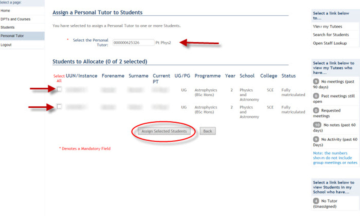 Image showing list of students ready to be assigned