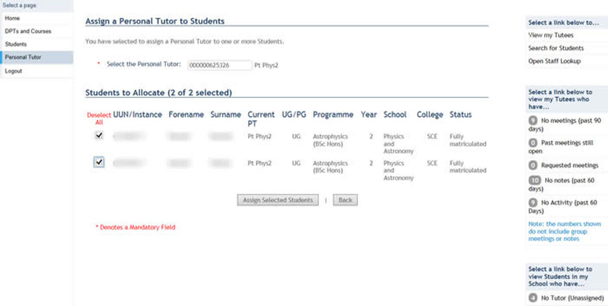 Image showing a list of students selected to be assigned.