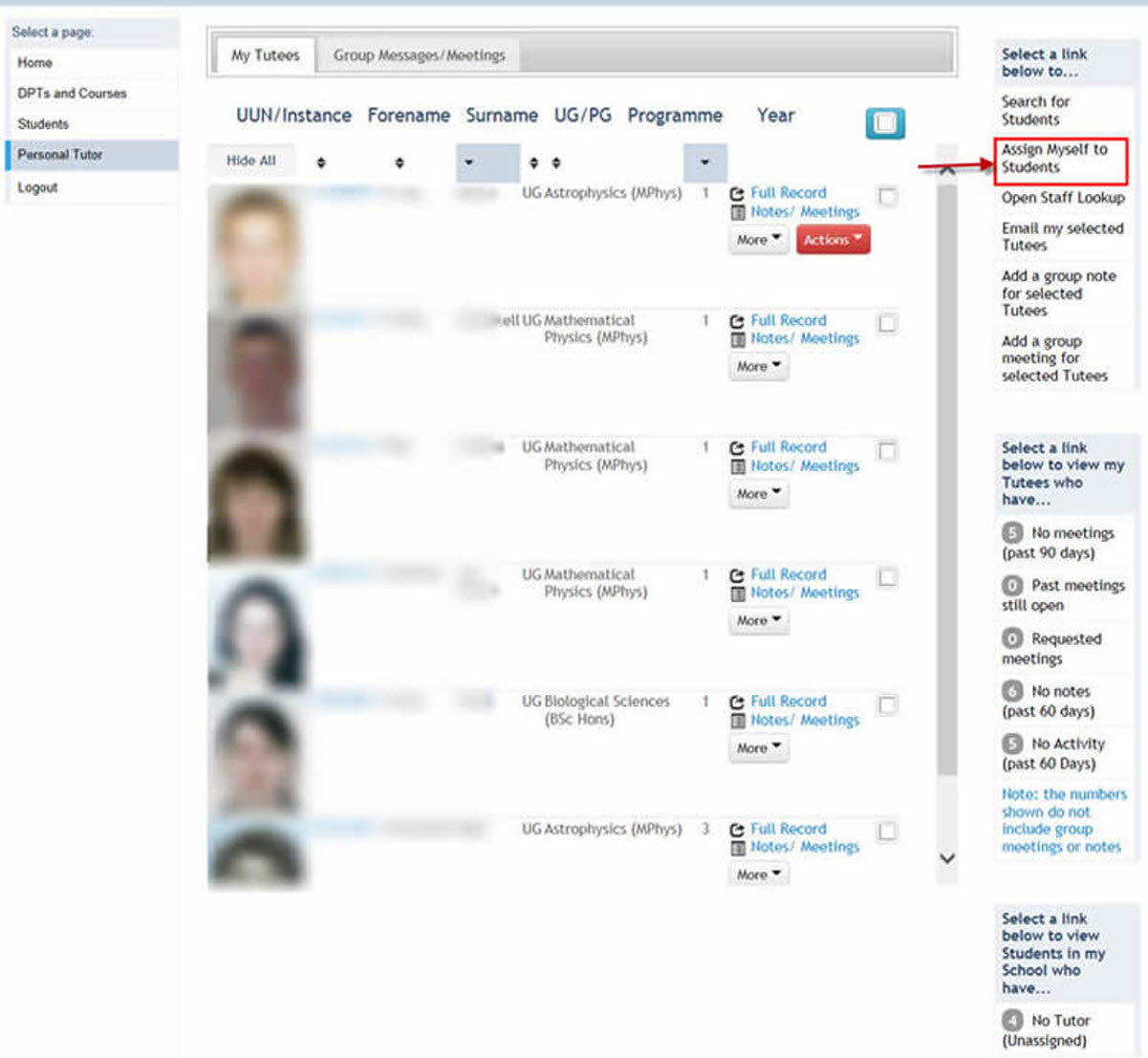 Image showing the location of the 'Assign myself to students' link