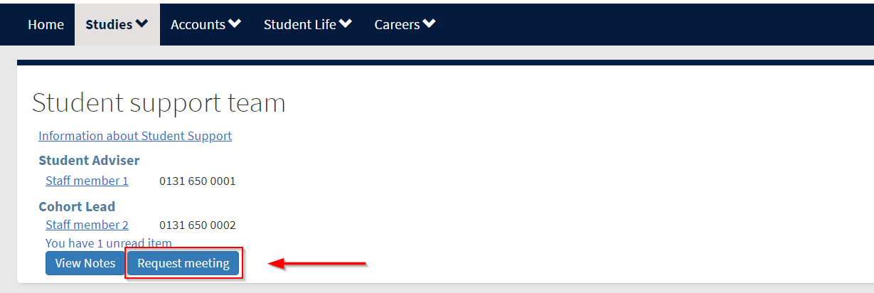 Screenshot of Student Support Team tool highlighting 'Request Meeting' button.
