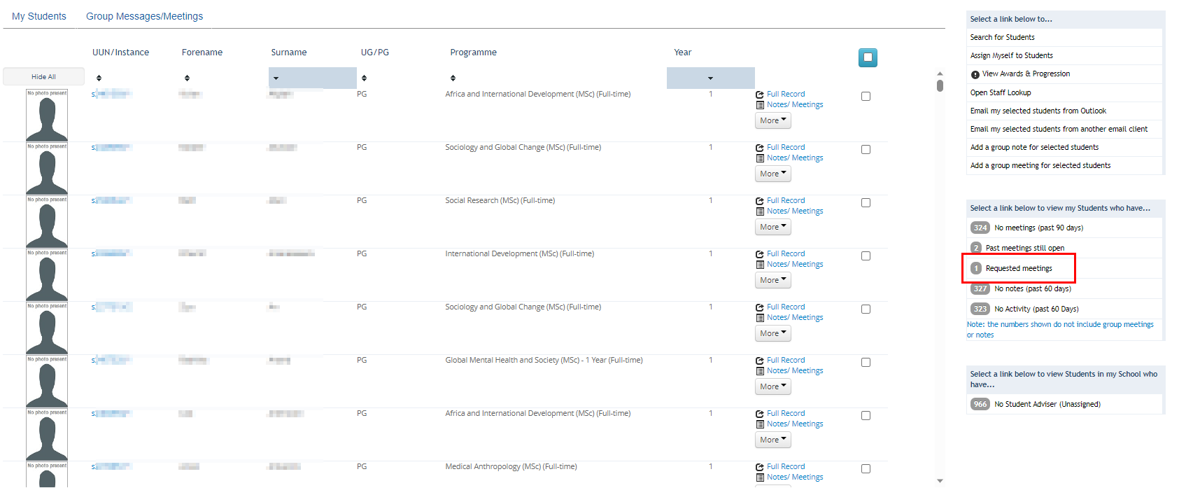 Screenshot of Student Adviser tool in Euclid highlighting Requested meetings button. 