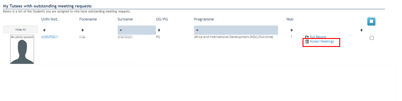 Screenshot showing list of students with outstanding meeting requests highlighting Notes/Meetings button. 