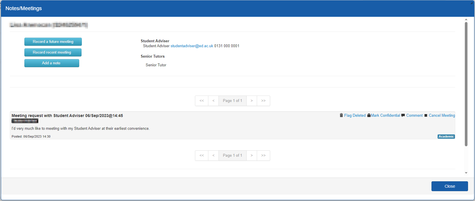 Screenshot of Notes/Meetings window showing meeting request. 