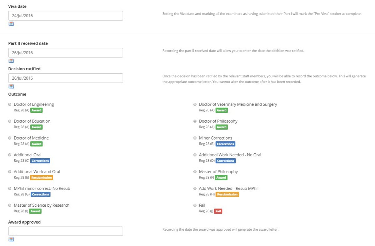 Image of Outcome dates screen