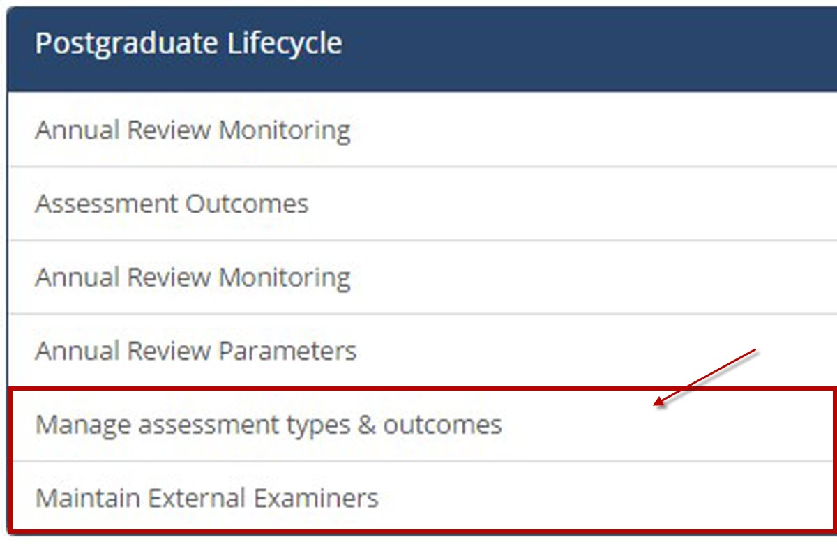 Image of manage assessment type and outcome container link