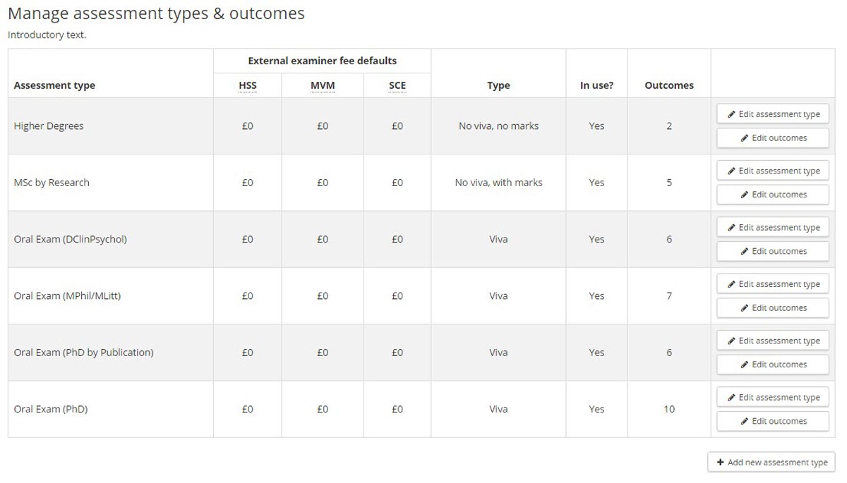 Image of assessment types and outcomes list