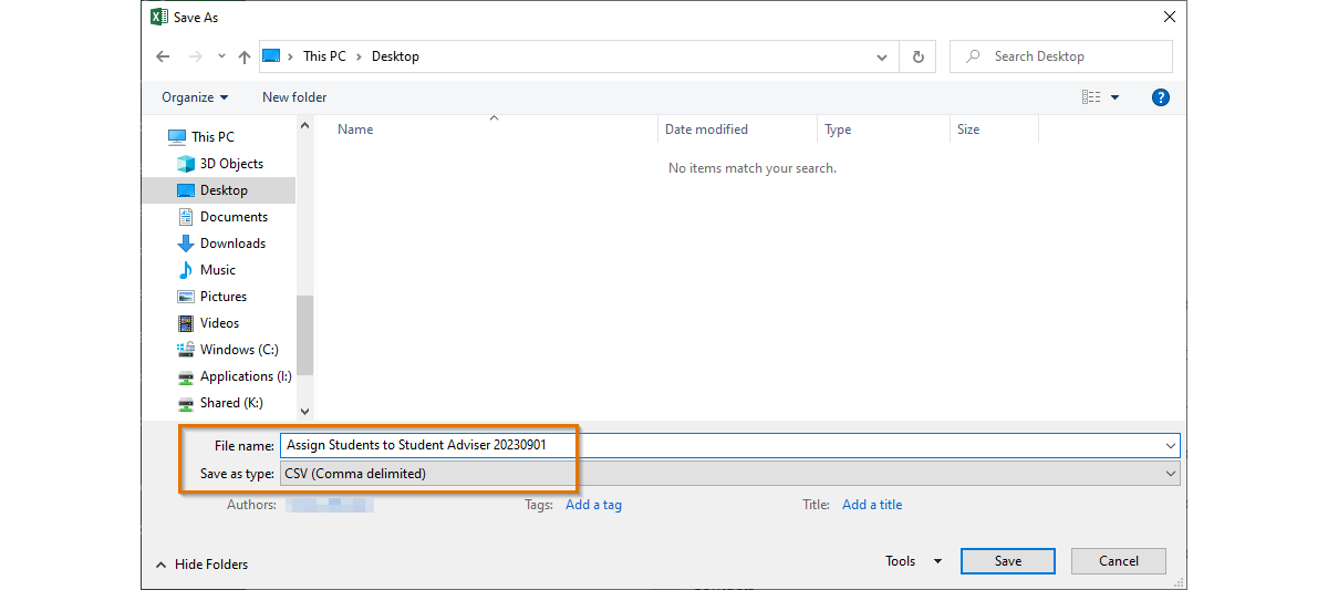 Screenshot of saving a .csv file using only a-z and 0-9 characters.