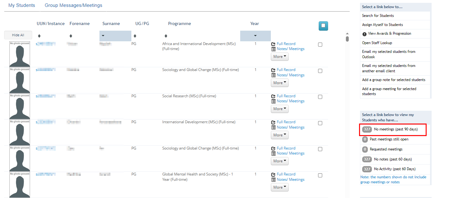 Screenshot of Student Adviser tool in Euclid highlighting No meetings (past 90 days) button. 