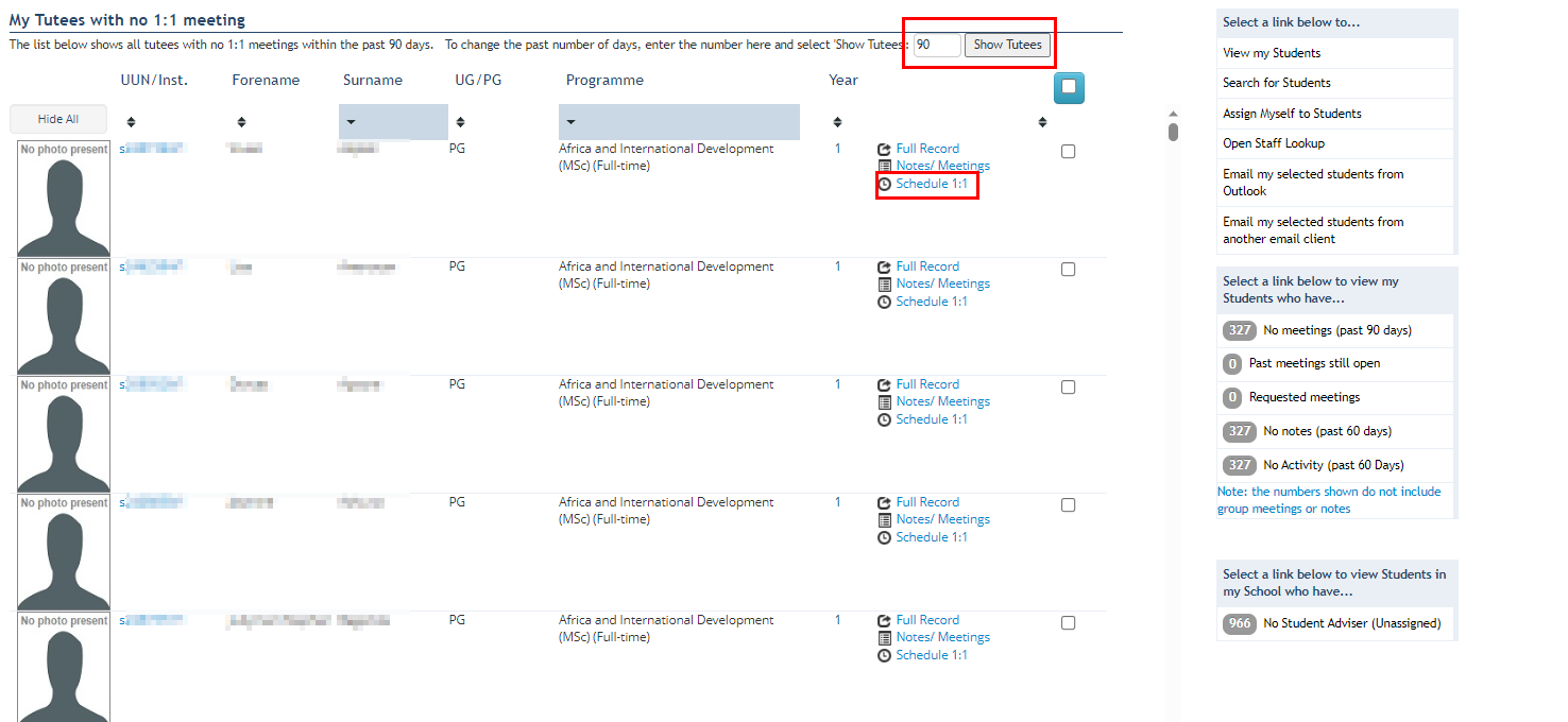 Screenshot of list of students with no meetings in 90 days highlighting where to change day range and Schedule 1:1 button. 