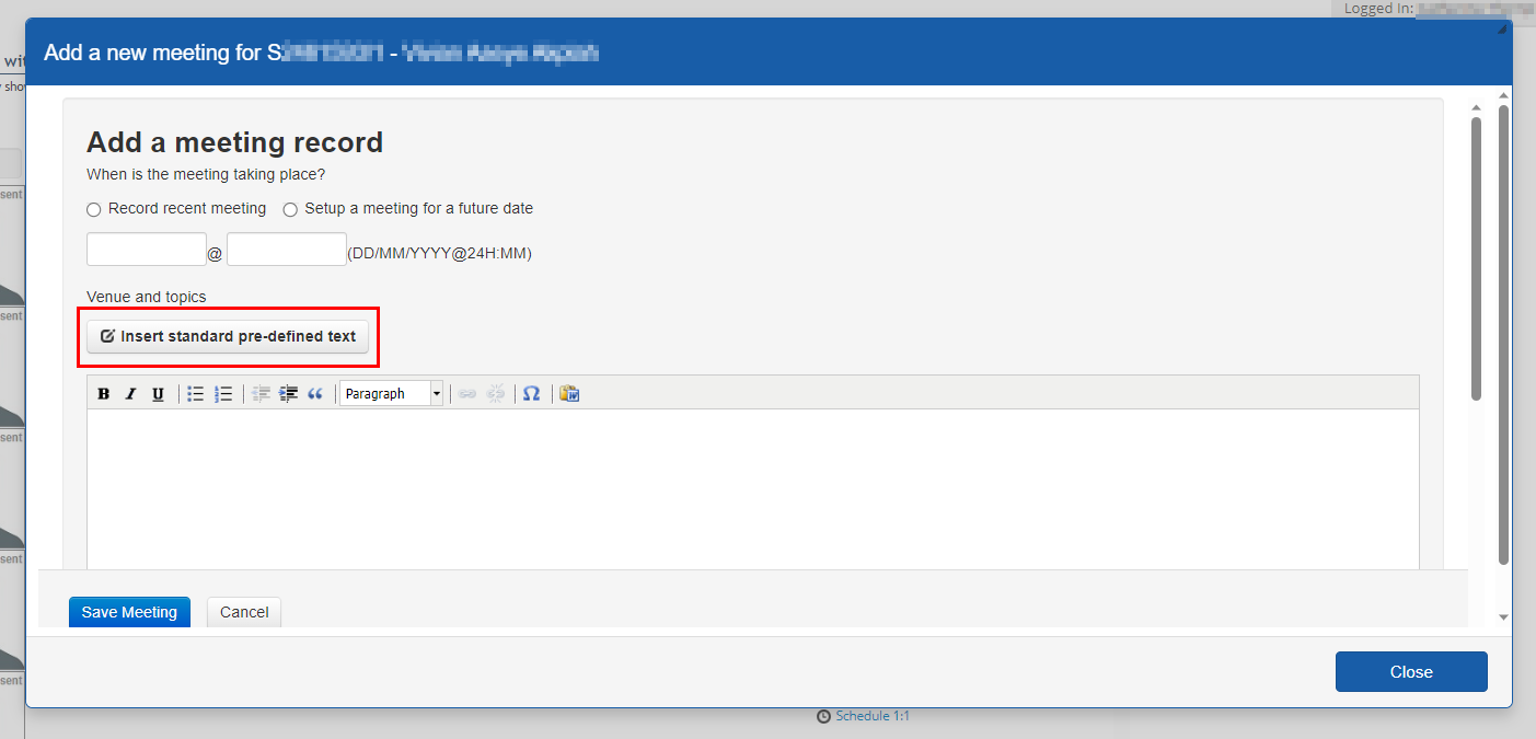 Screenshot of Add a new meeting pop up highlighting Insert standard pre-defined text button. 
