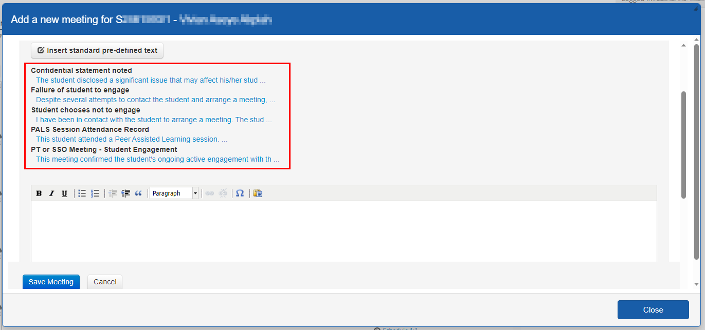 Screenshot of Add a new meeting pop up highlighting where to find pre-defined text options. 