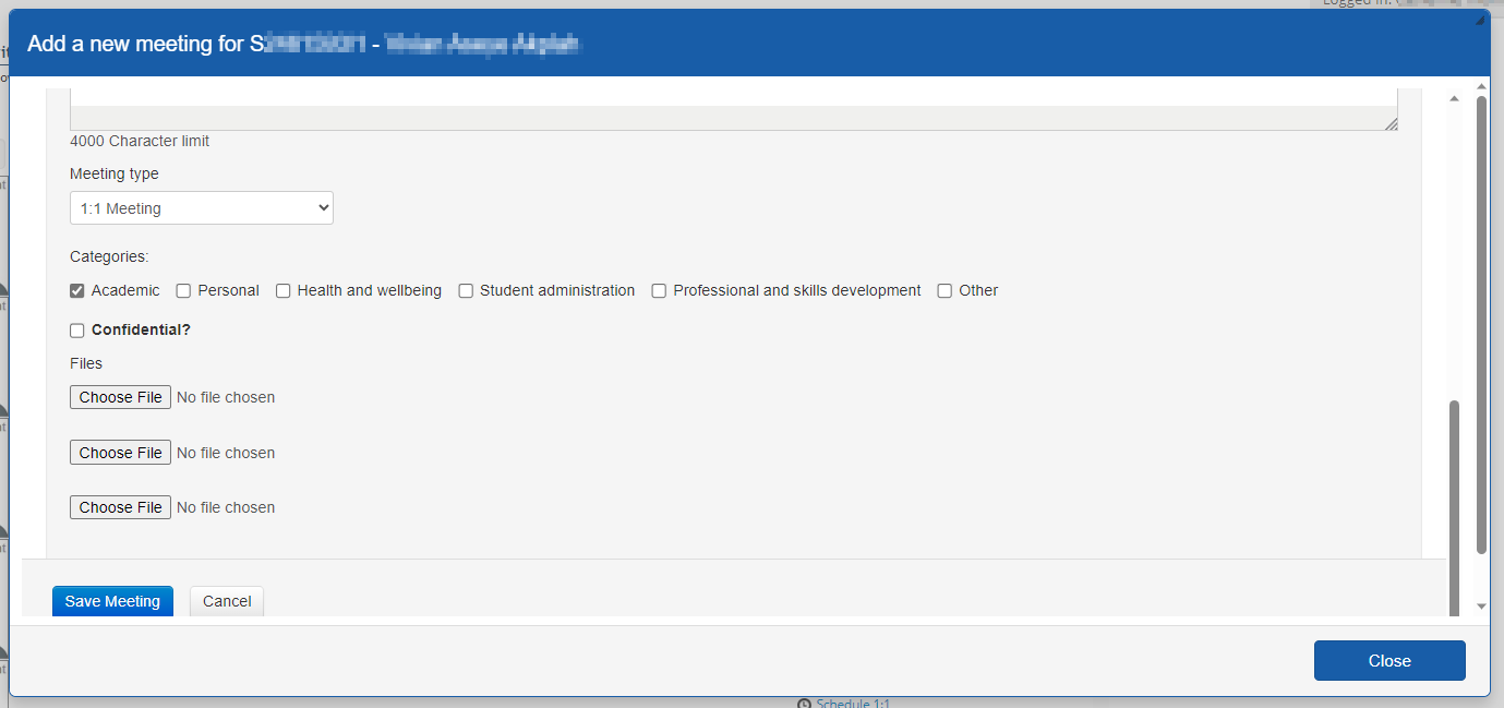 Screenshot of Add a new meeting pop up showing where to select the type of meeting, the category, confidentiality and documents.