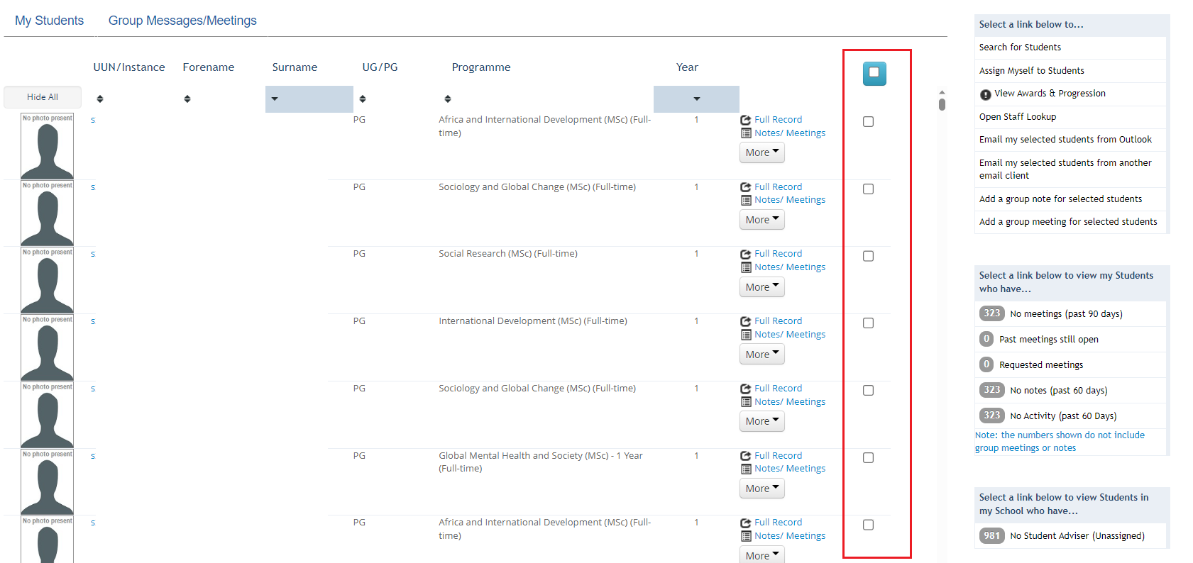 Screenshot of student list within the student adviser tool showing where radio buttons are to select students from the list. 