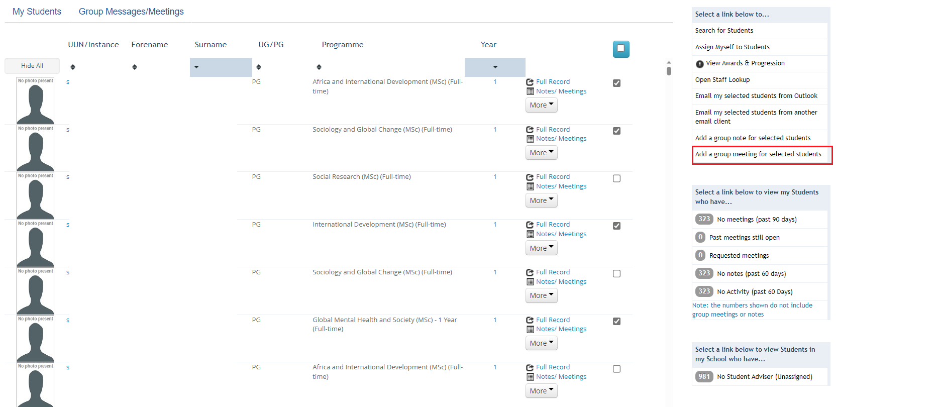 Screenshot of student list in the student adviser tool highlighting the add a group meeting for selected students button. 