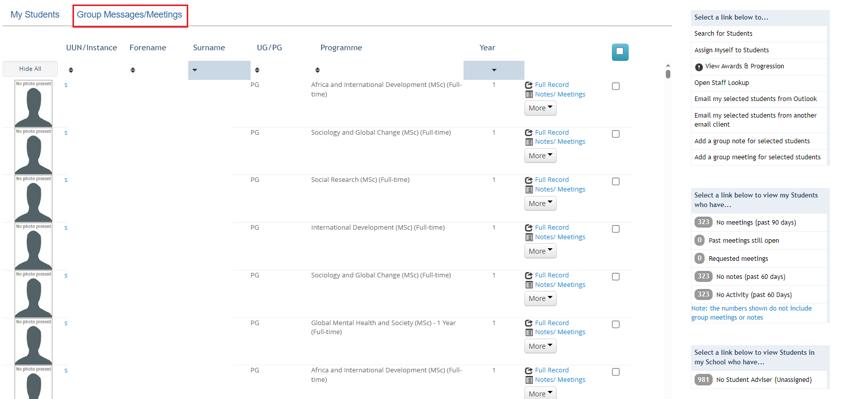 Screenshot of Student Adviser tool in Euclid highlighting Group Messages/Meetings button. 