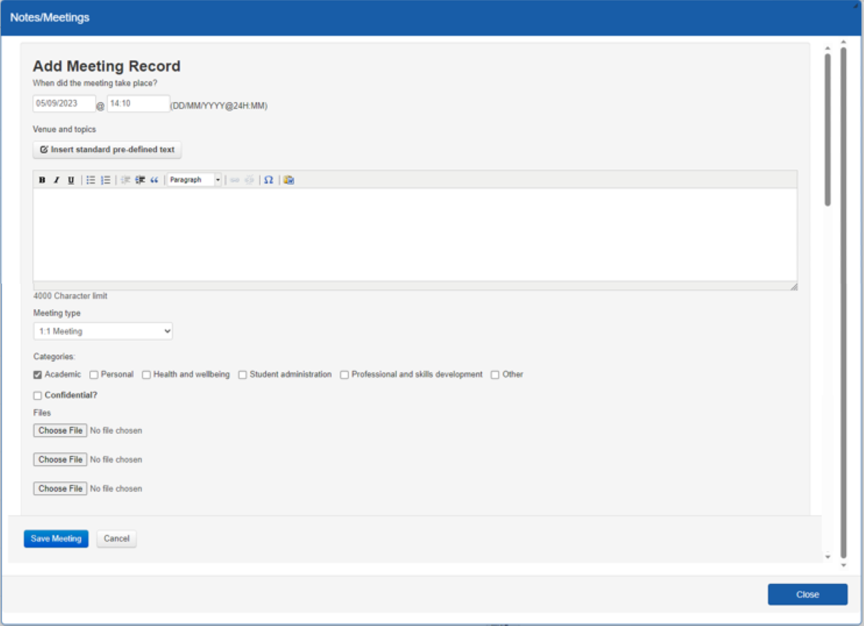 Screenshot of Add Meeting Record screen showing fields for date, time, venue, topic, category, confidentiality and documents.