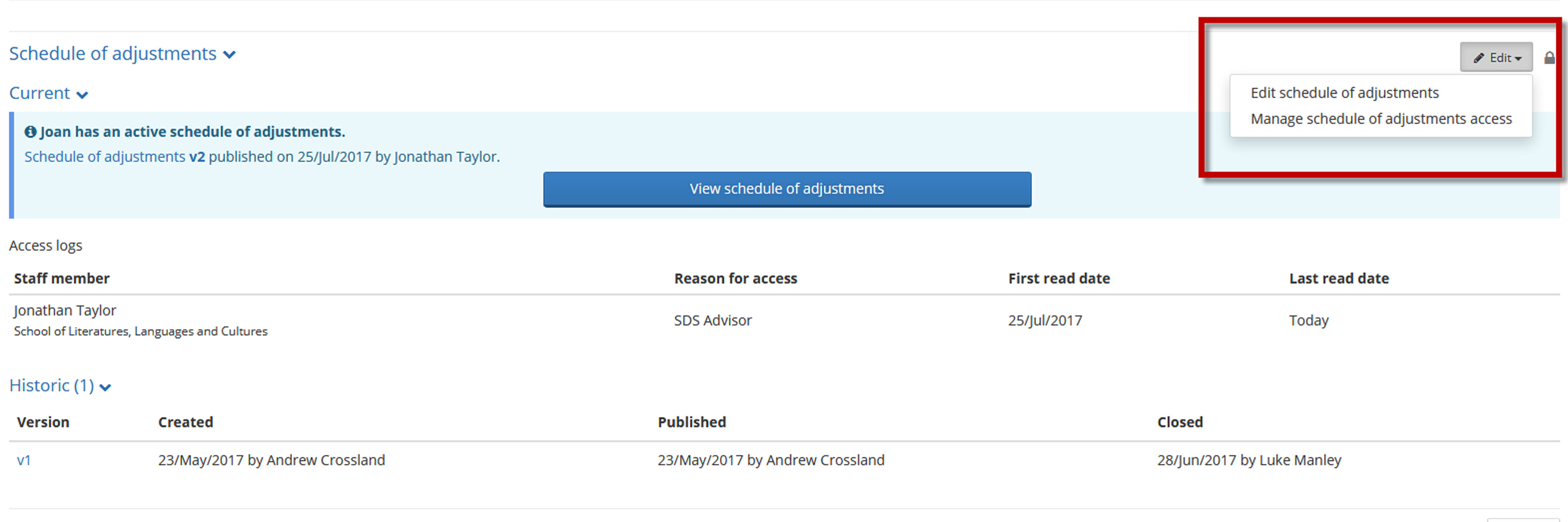 Schedule of Adjustments student hub edit manage access image