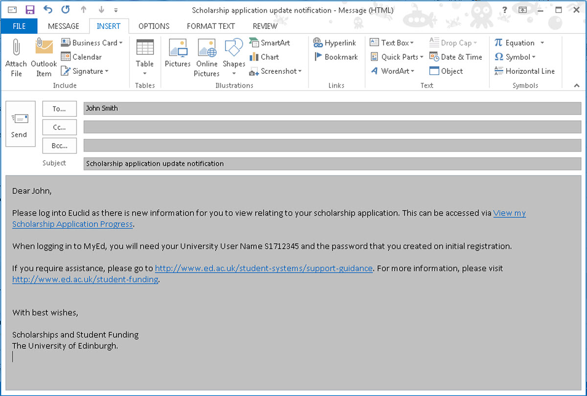 Image of scholarship decision email notification content