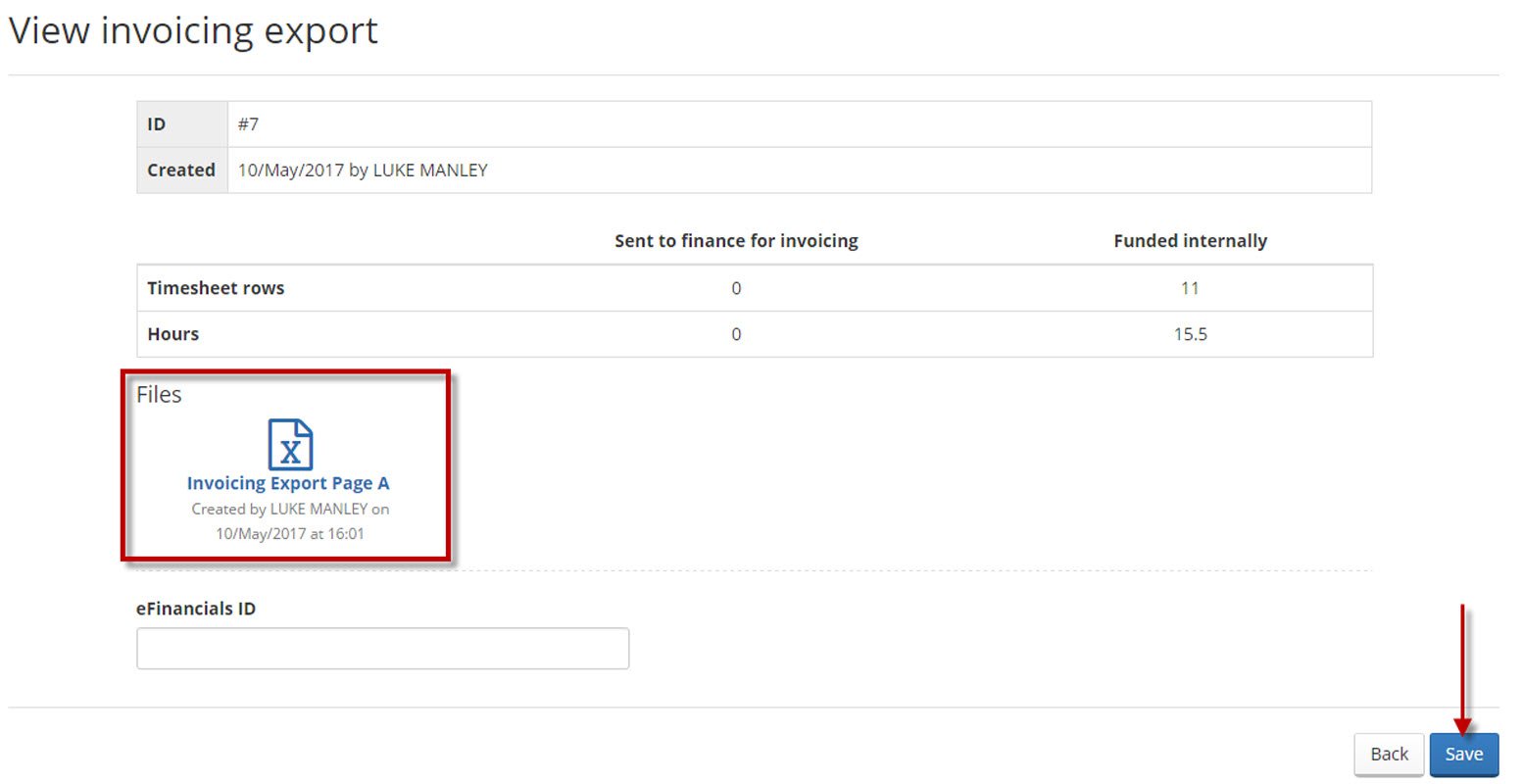 View invoicing export screen SDS