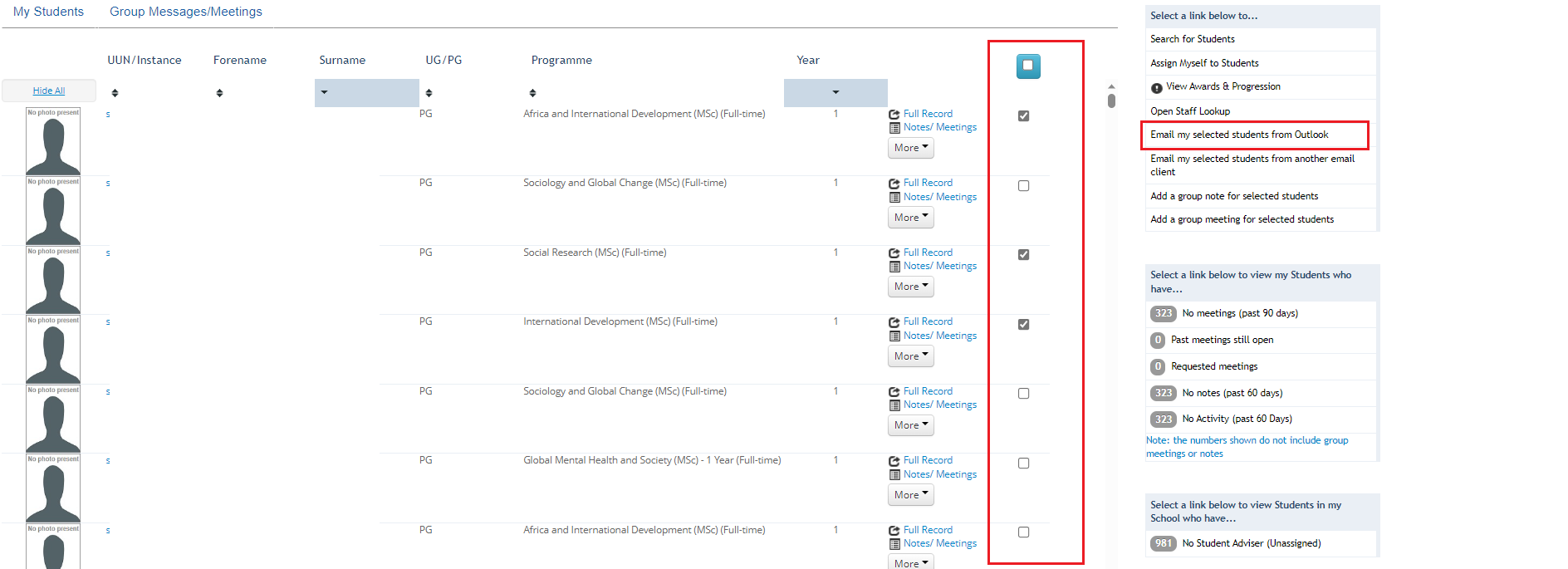 List of students screen in student adviser tool highlighting selected students and email my students from outlook button. 