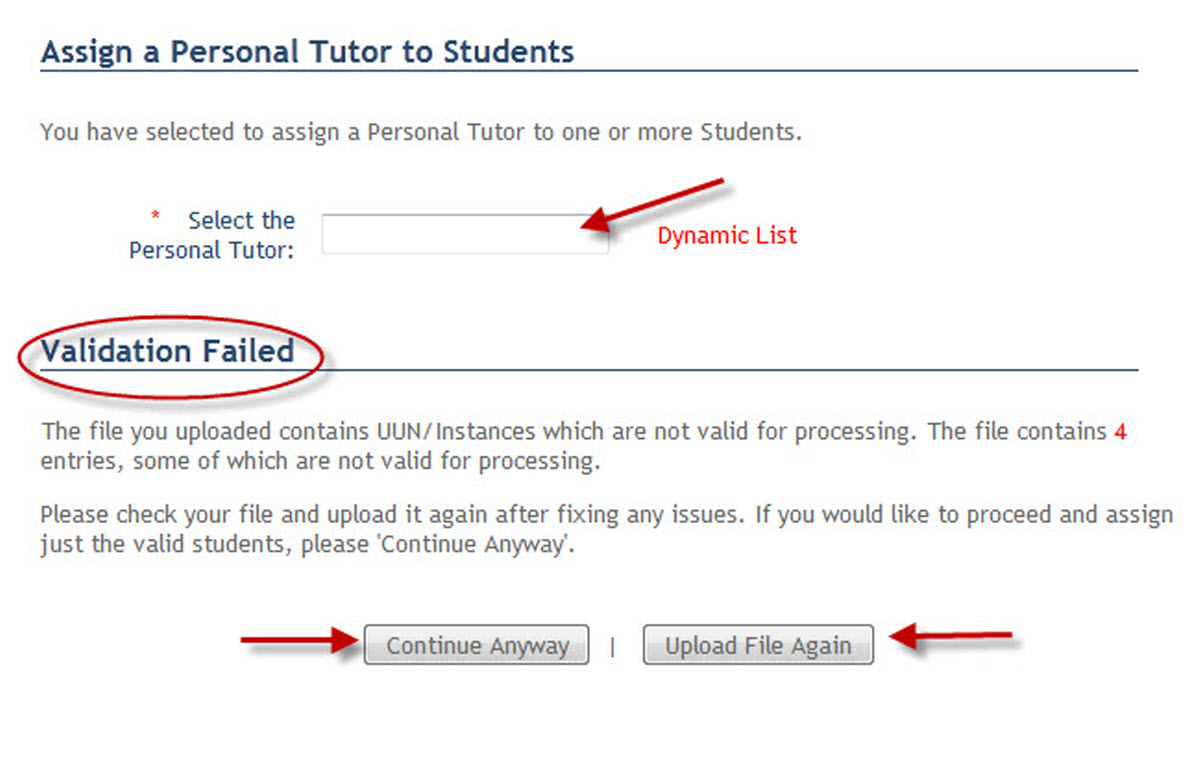 Image showing a screen where the Personal Tutor can be keyed for those students that did not fail the file validation