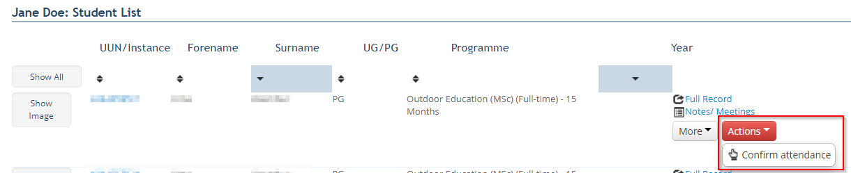 Screenshot of View Students screen highlighting Actions drop down menu showing Confirm attendance button.