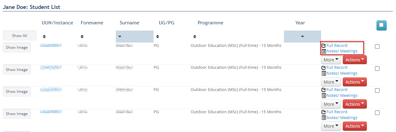 Screenshot of View Students screen highlighting Full Record and Notes/Meetings buttons. 