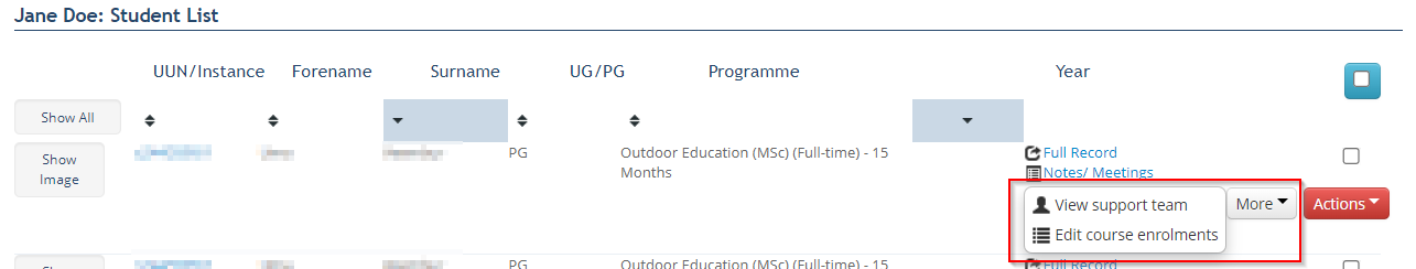 Screenshot of View Students screen highlighting More dropdown menu showing View support team and Edit course enrolments buttons.