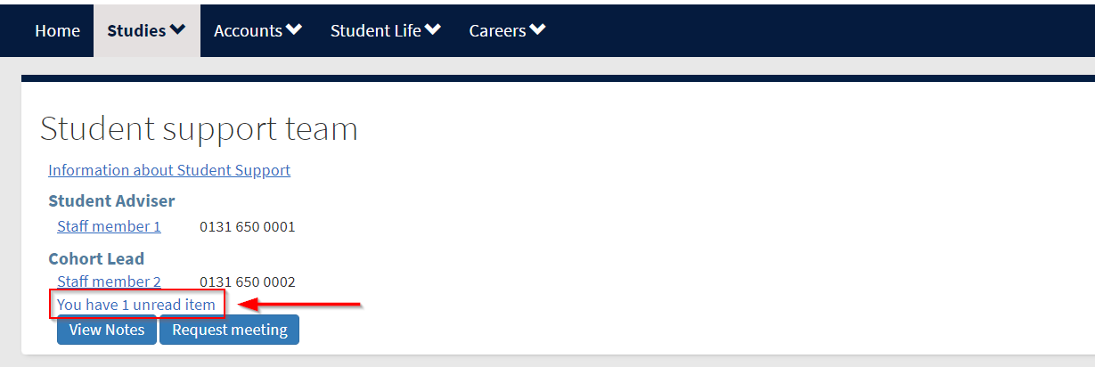 Screenshot of Student Support Team tool highlighting unread item.