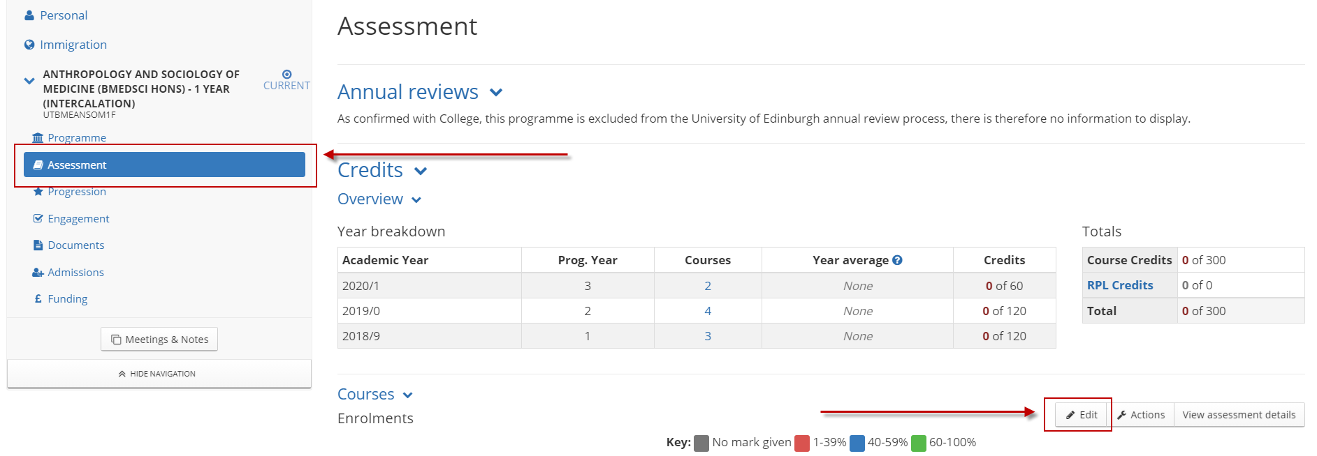 Student Hub Assessment Tab