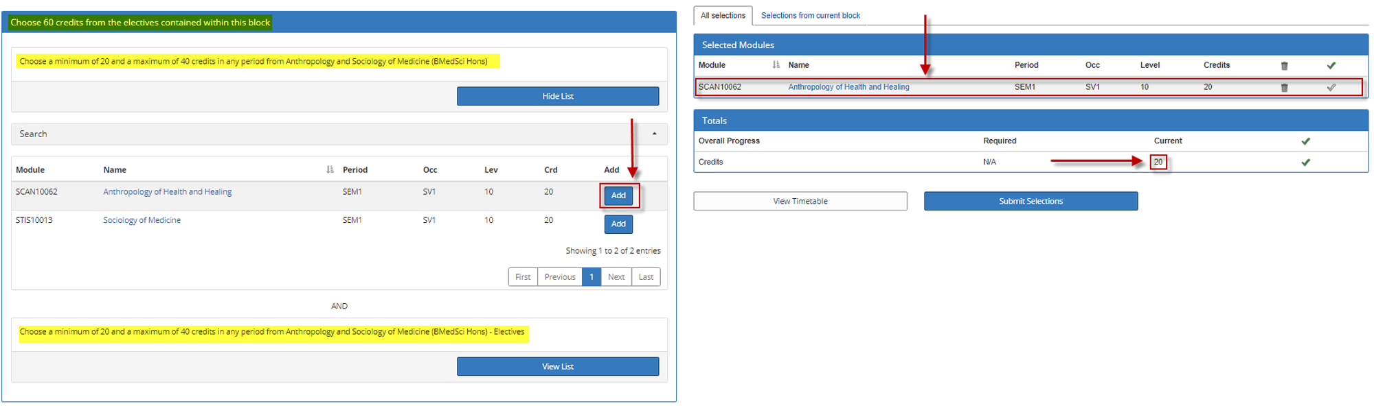 Choosing an elective course using the DPT Validated Enrolment screen