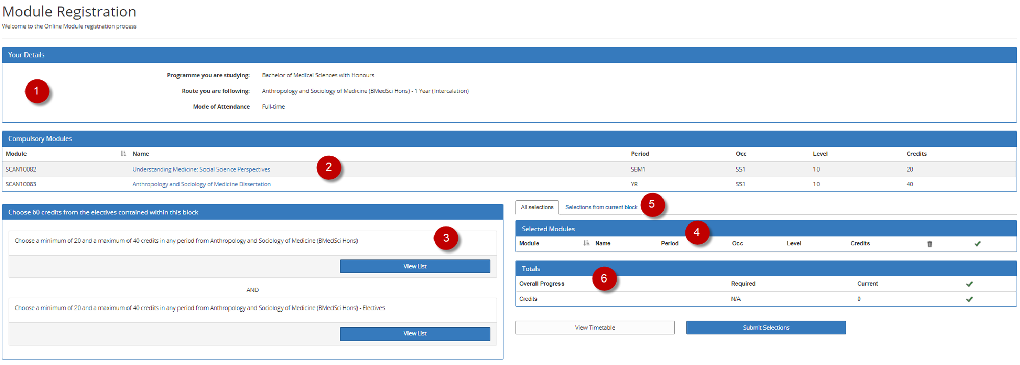 The Module Registration screen in EUCLID's Student Hub