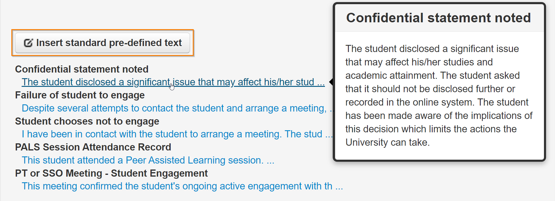 Print screen of the tool in EUCLID showing the \"Confidential statement noted\" full text.