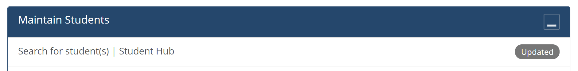 Screenshot of EUCLID showing Maintain Students Container with the Student Hub beneath. 