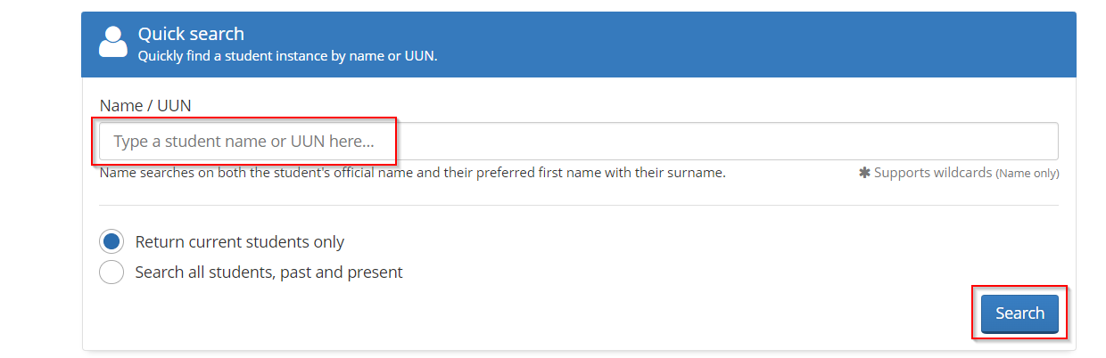 Screenshot of EUCLID showing Quick Search highlighting Name/UUN field and Search button. 