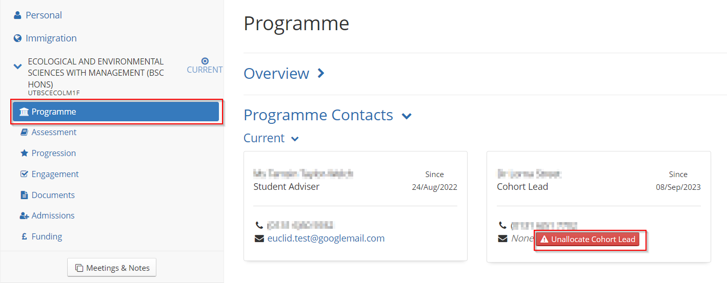 Screenshot of EUCLID showing student record highlighting Programme tab and Unallocate Cohort Lead button. 