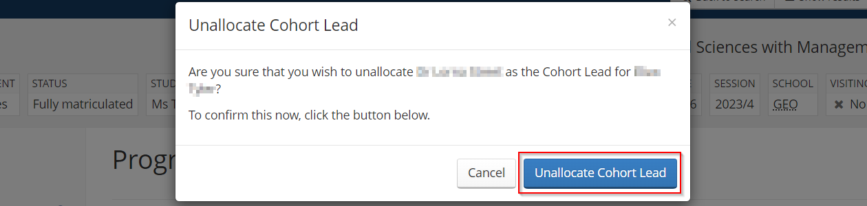 Screenshot of Euclid showing confirmation box that appears after Unallocate Cohort Lead is clicked. Confirm button highlighted. 