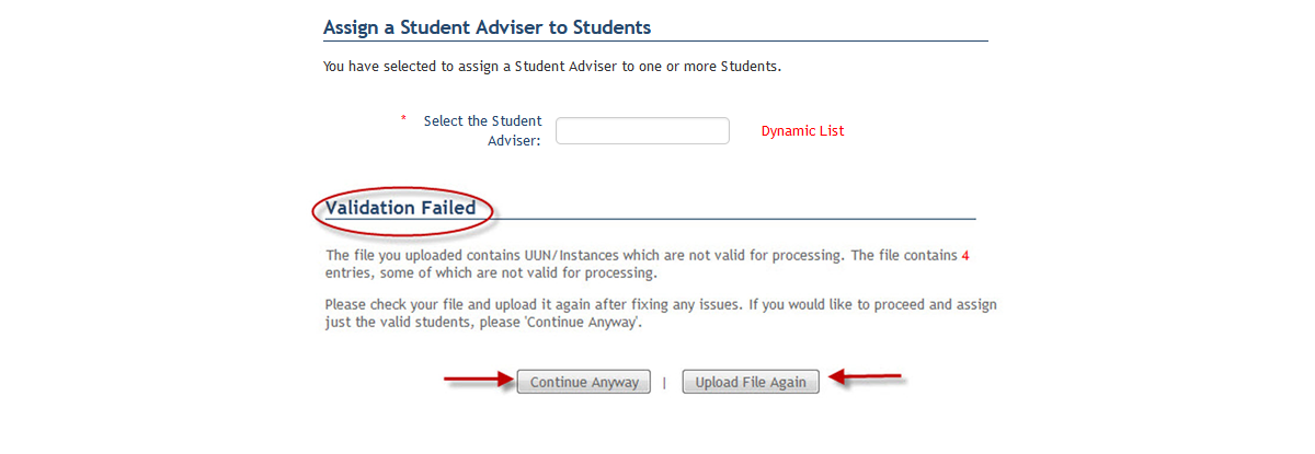 Screenshot of the Validation Failed message and options to continue or upload the file again.