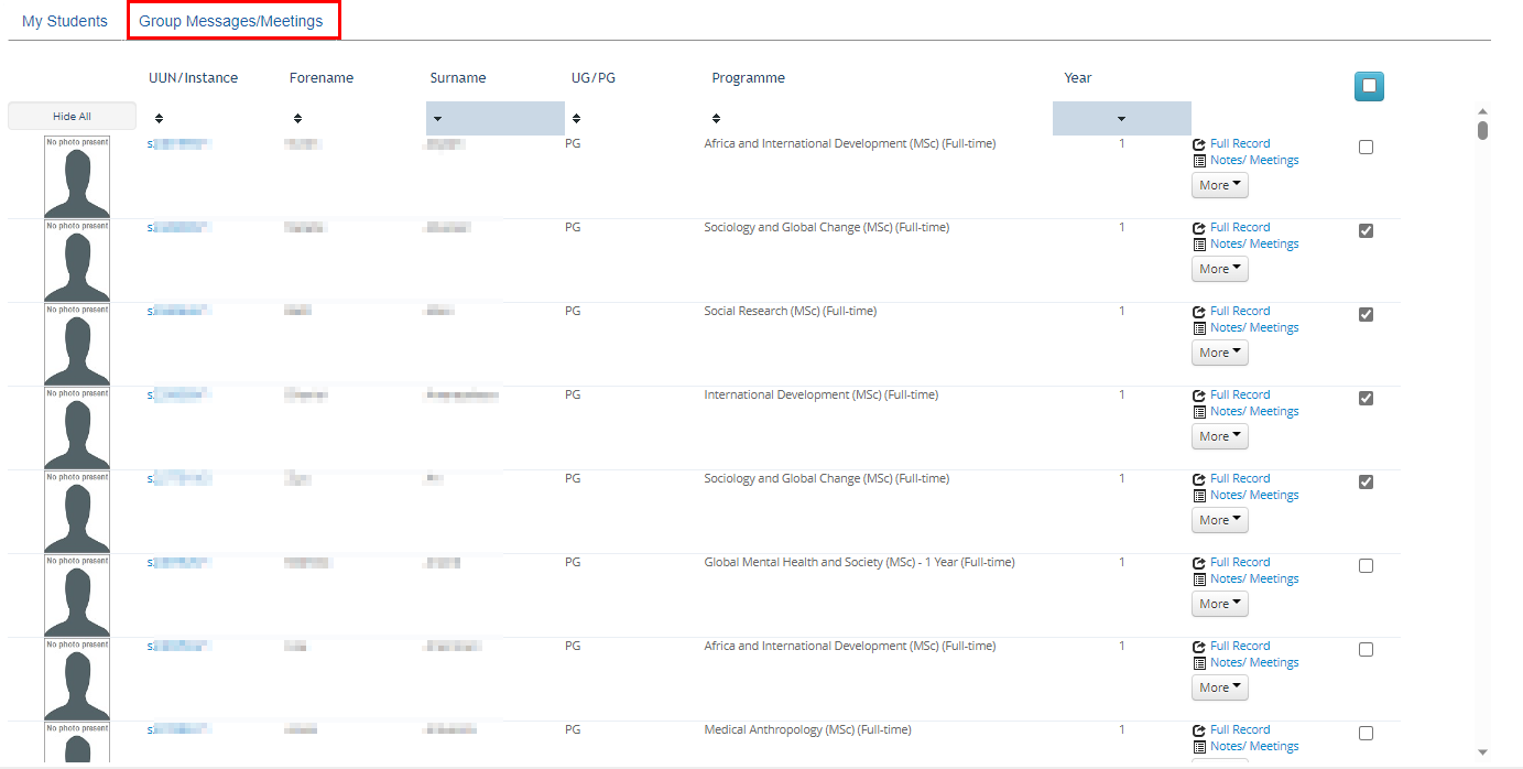 Screenshot of Student Adviser tool showing a list of students and highlighting the Group Messages/Meetings button. 