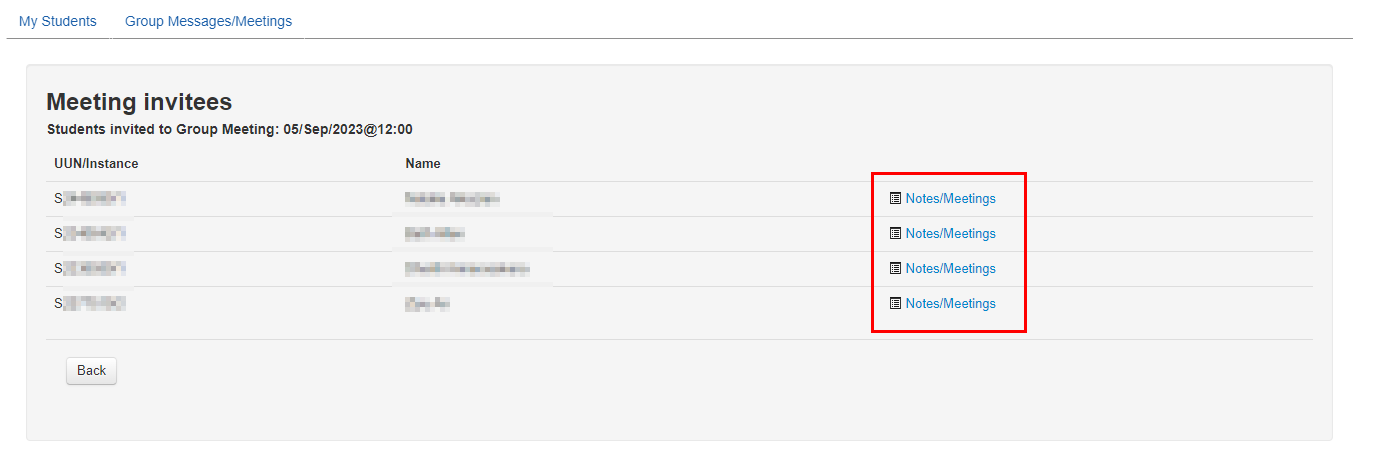 Screenshot of Meeting invitees screen highlighting Notes/Meetings buttons for list of students. 